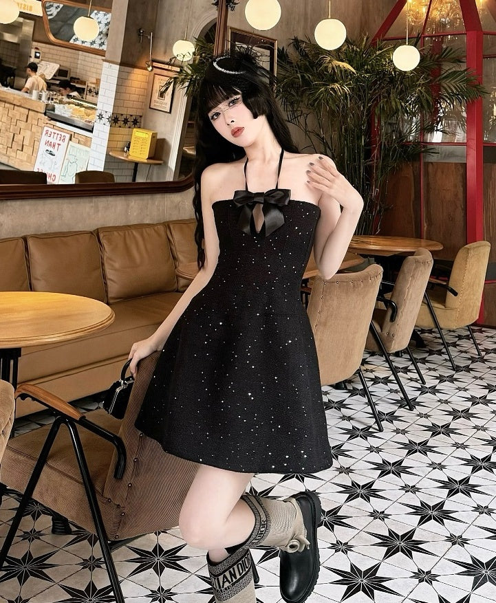 Black Bow Accent Sparkly Dress