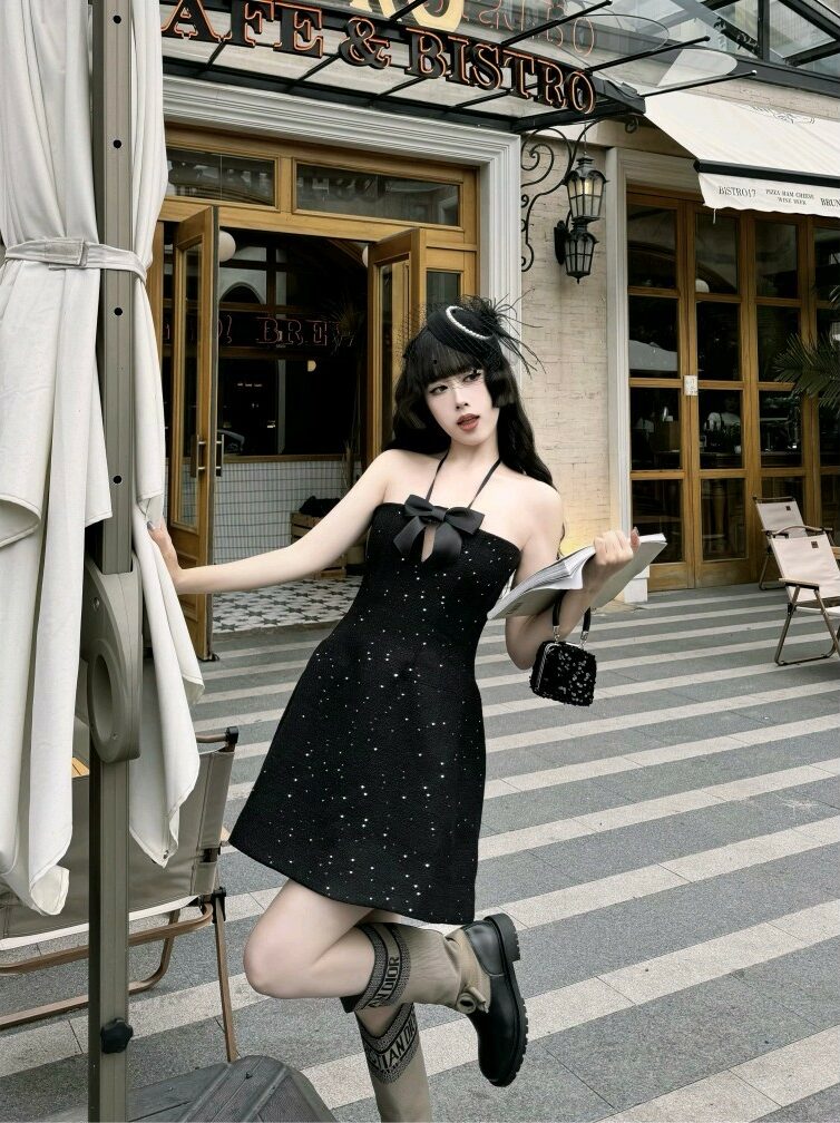 Black Bow Accent Sparkly Dress