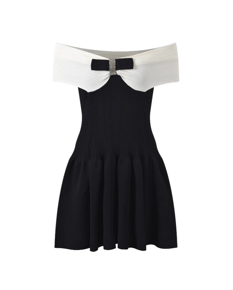 Black Bow Off-Shoulder Knitted Dress