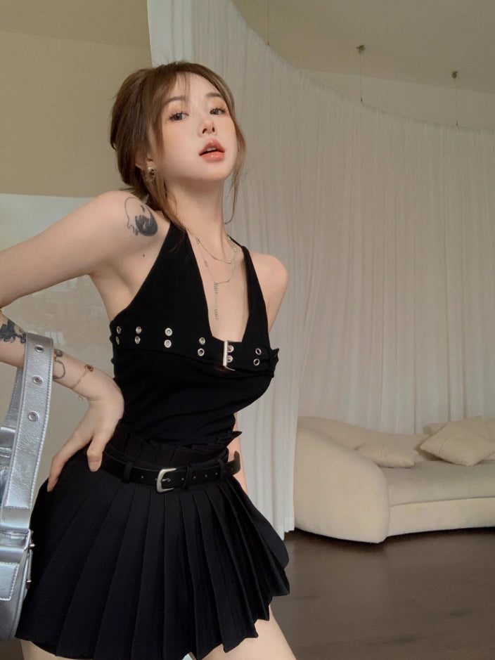 Black Buckled Halter Top