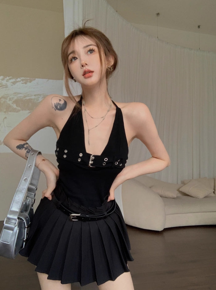 Black Buckled Halter Top
