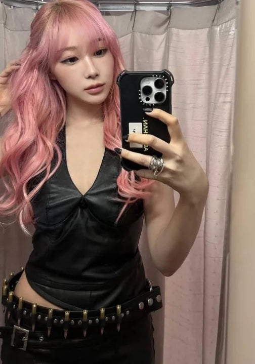 Black Faux Leather Halter Collared Crop Top
