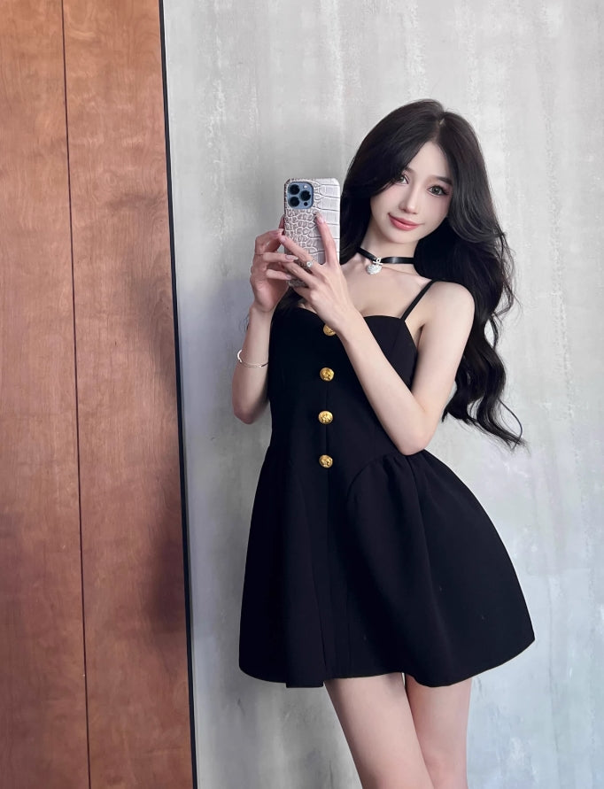Black Bustier A-Line Dress With Gold Buttons