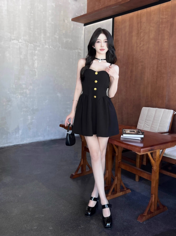 Black Bustier A-Line Dress With Gold Buttons