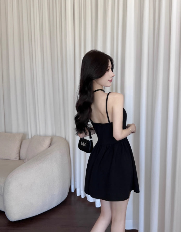 Black Bustier A-Line Dress With Gold Buttons