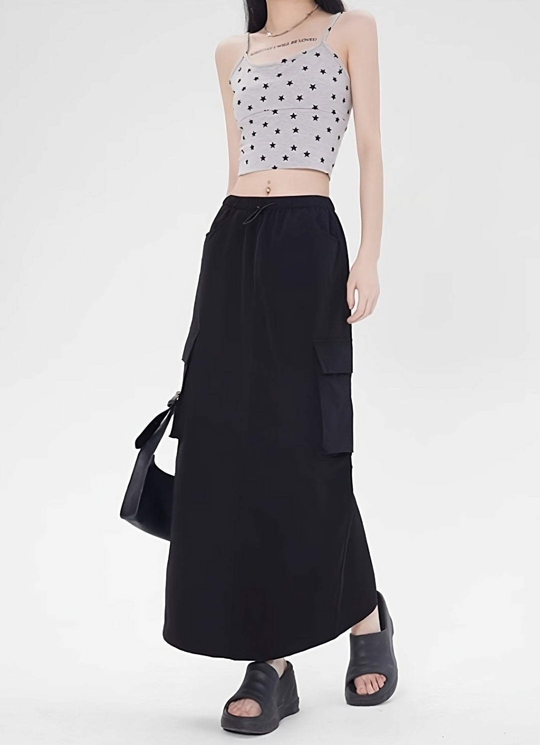 Black Cargo-Style Midi Skirt