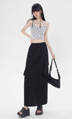Black Cargo-Style Midi Skirt