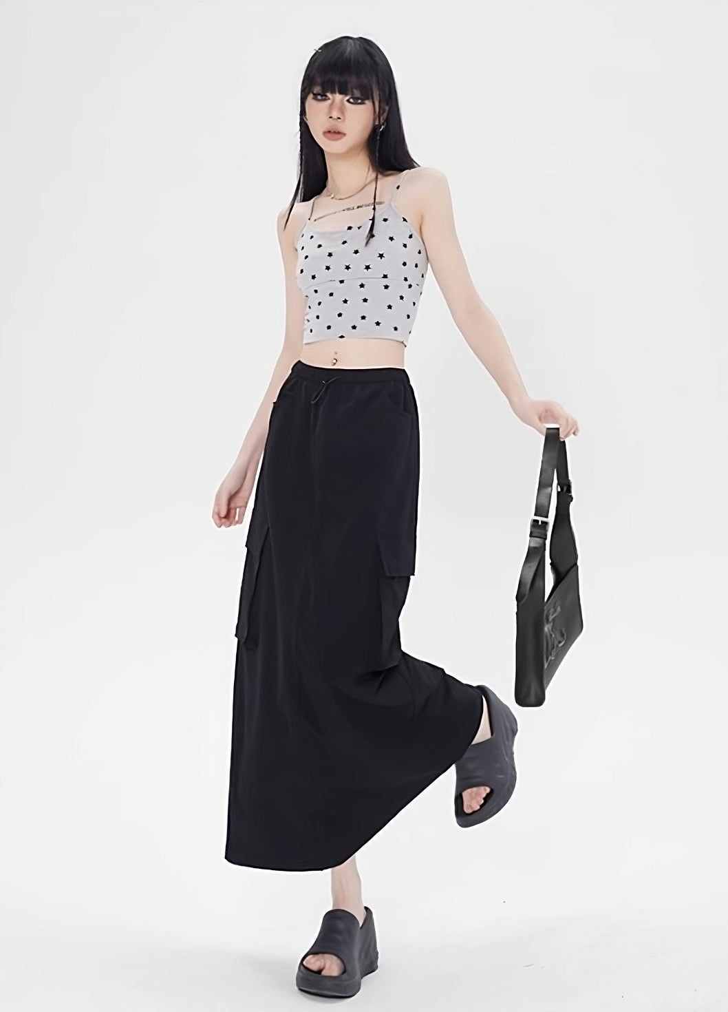 Black Cargo-Style Midi Skirt