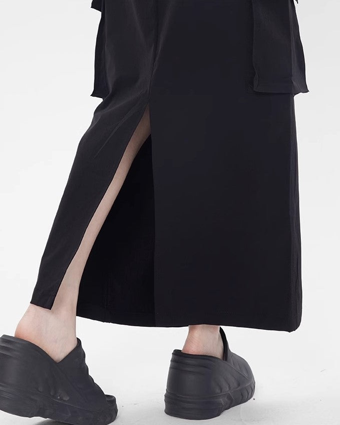 Black Cargo-Style Midi Skirt