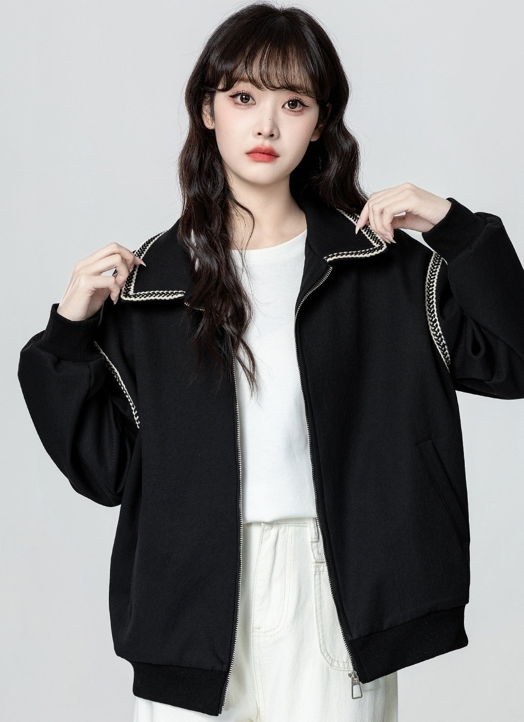 Black Casual Zip Up Baseball Jacket