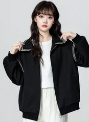 Black Casual Zip Up Baseball Jacket
