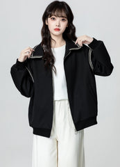 Black Casual Zip Up Baseball Jacket