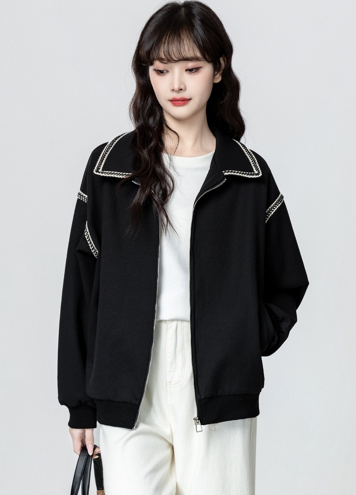 Black Casual Zip Up Baseball Jacket