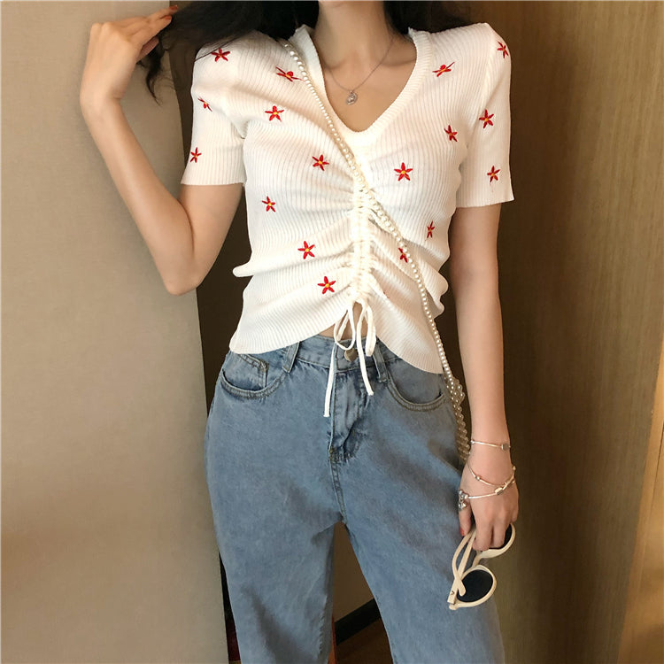 Black Floral Embroidery Drawstring Top