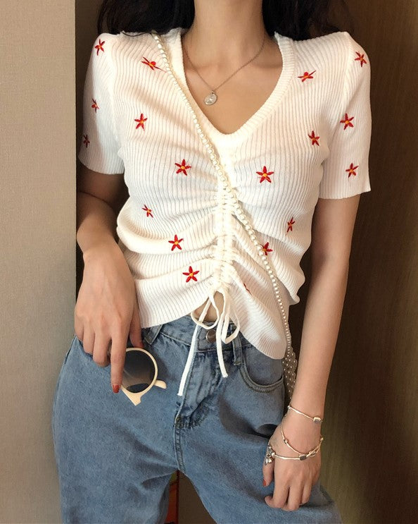 Black Floral Embroidery Drawstring Top