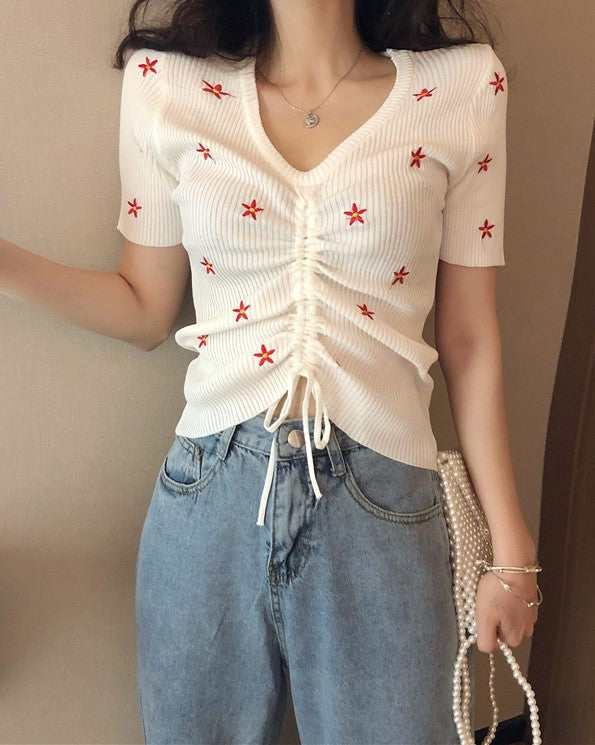 Black Floral Embroidery Drawstring Top