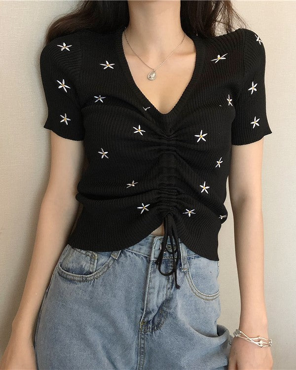 Black Floral Embroidery Drawstring Top