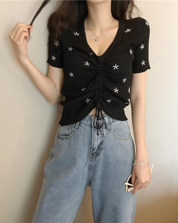 Black Floral Embroidery Drawstring Top
