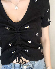 Black Floral Embroidery Drawstring Top