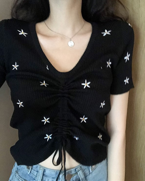 Black Floral Embroidery Drawstring Top
