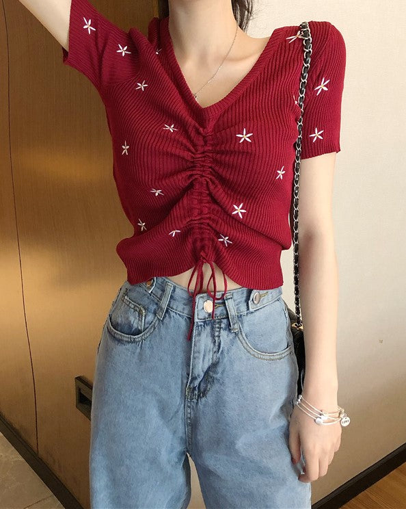 Black Floral Embroidery Drawstring Top