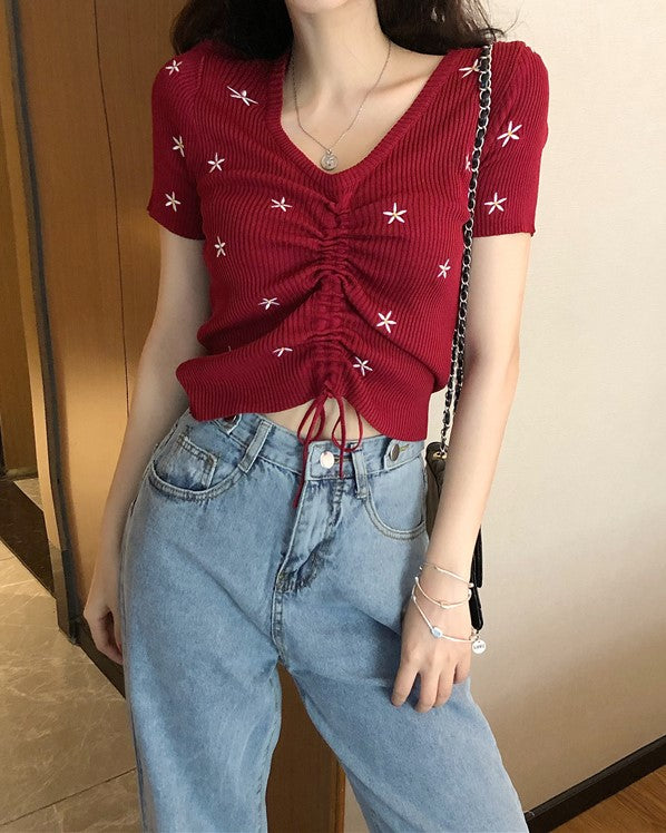 Black Floral Embroidery Drawstring Top