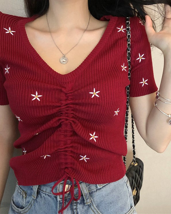 Black Floral Embroidery Drawstring Top