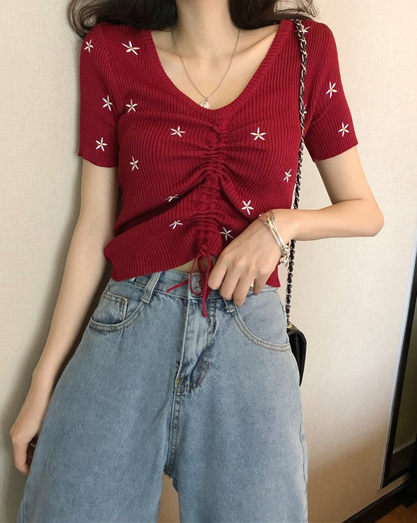 Black Floral Embroidery Drawstring Top