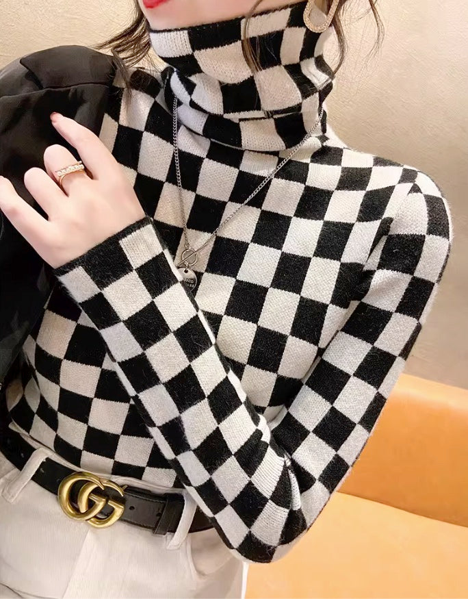 Black  Checkered Pattern Turtleneck Sweater