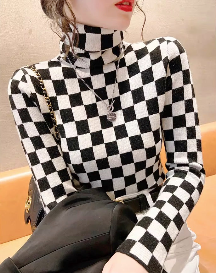 Black  Checkered Pattern Turtleneck Sweater