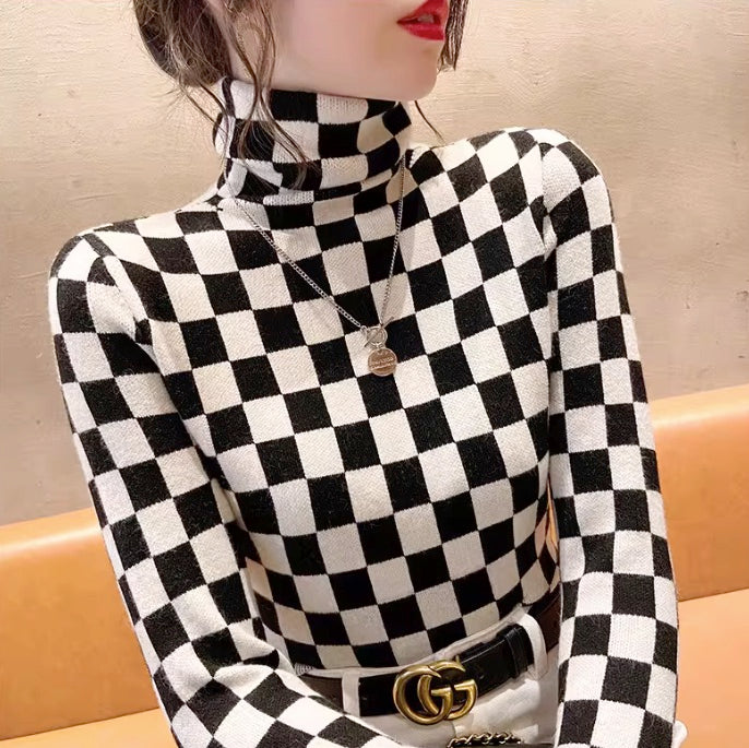 Black  Checkered Pattern Turtleneck Sweater