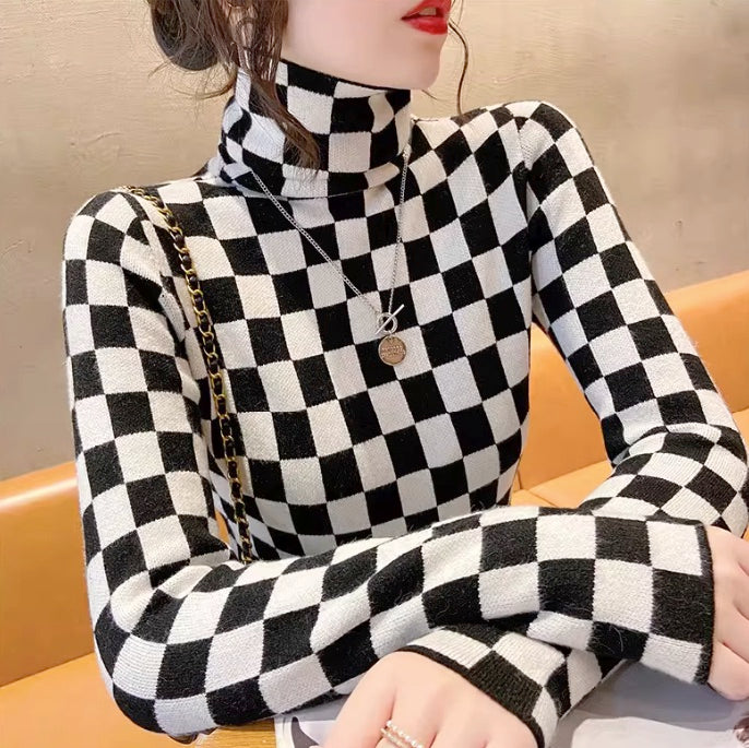Black  Checkered Pattern Turtleneck Sweater