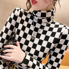 Black  Checkered Pattern Turtleneck Sweater