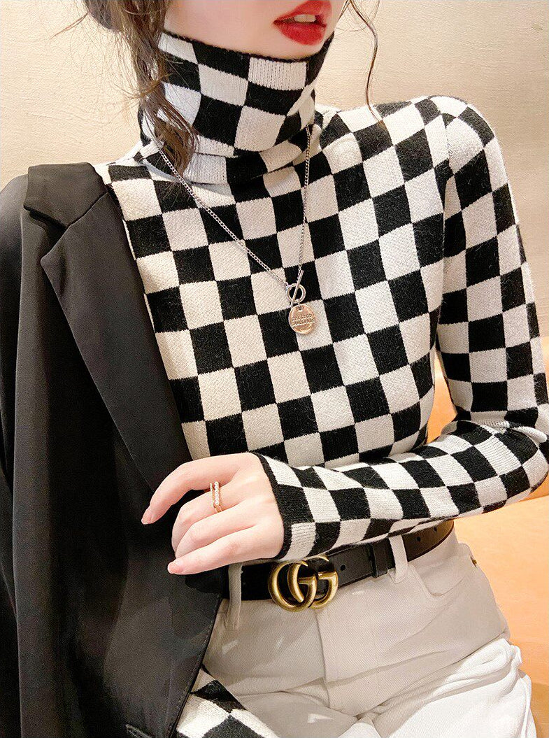 Black  Checkered Pattern Turtleneck Sweater