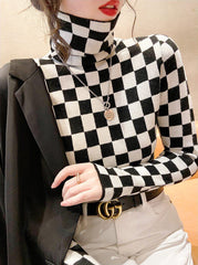Black  Checkered Pattern Turtleneck Sweater