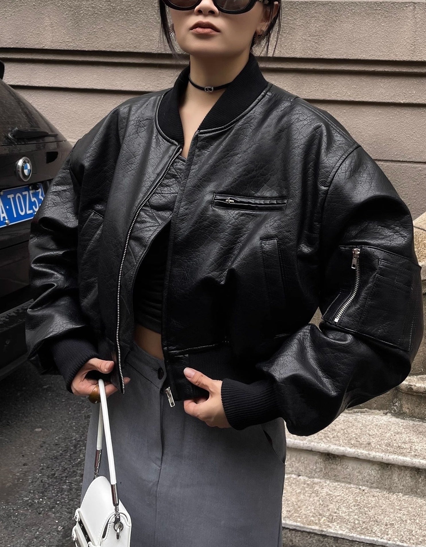 Black Chunky Faux Leather Short Biker Jacket