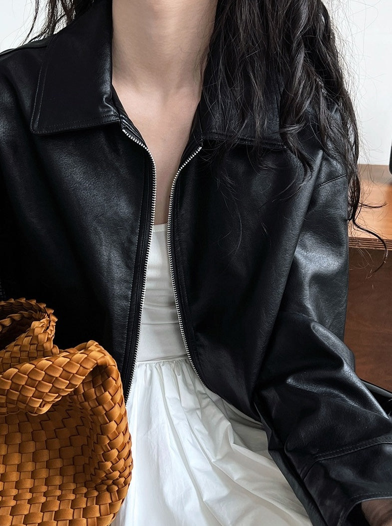 Black Classic Collared Faux Leather Jacket