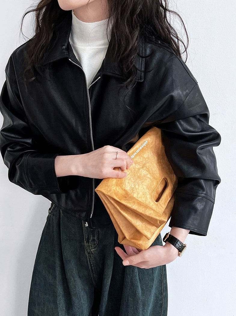 Black Classic Collared Faux Leather Jacket