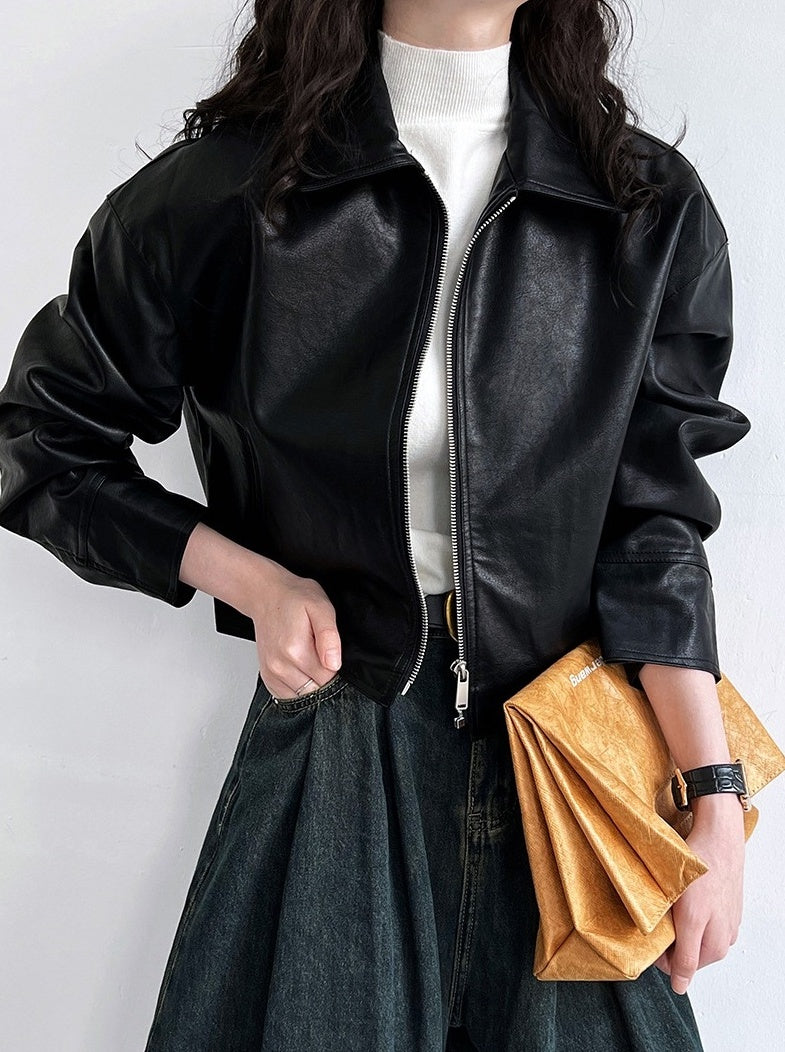 Black Classic Collared Faux Leather Jacket