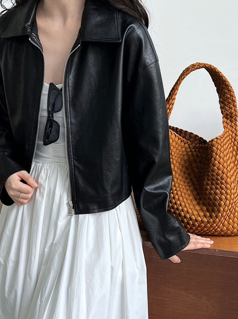 Black Classic Collared Faux Leather Jacket