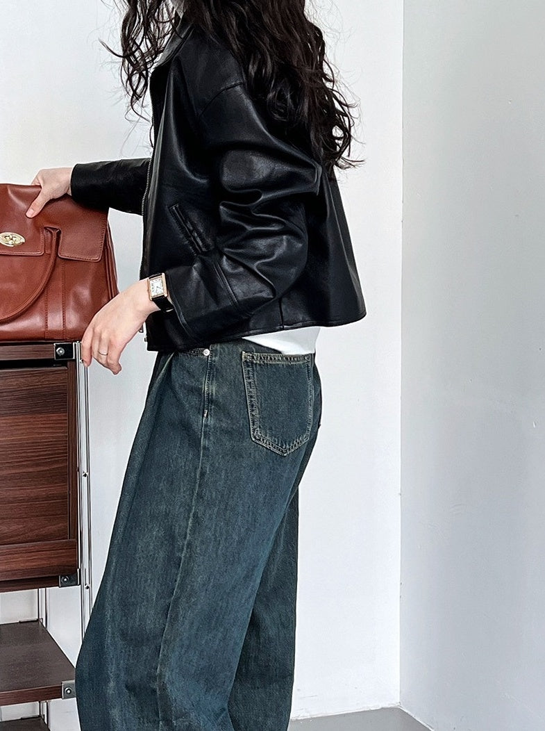 Black Classic Collared Faux Leather Jacket