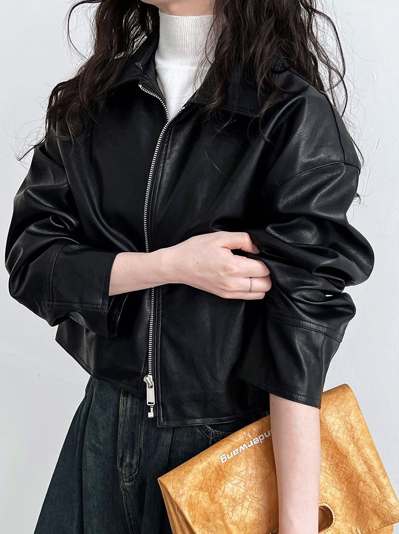 Black Classic Collared Faux Leather Jacket
