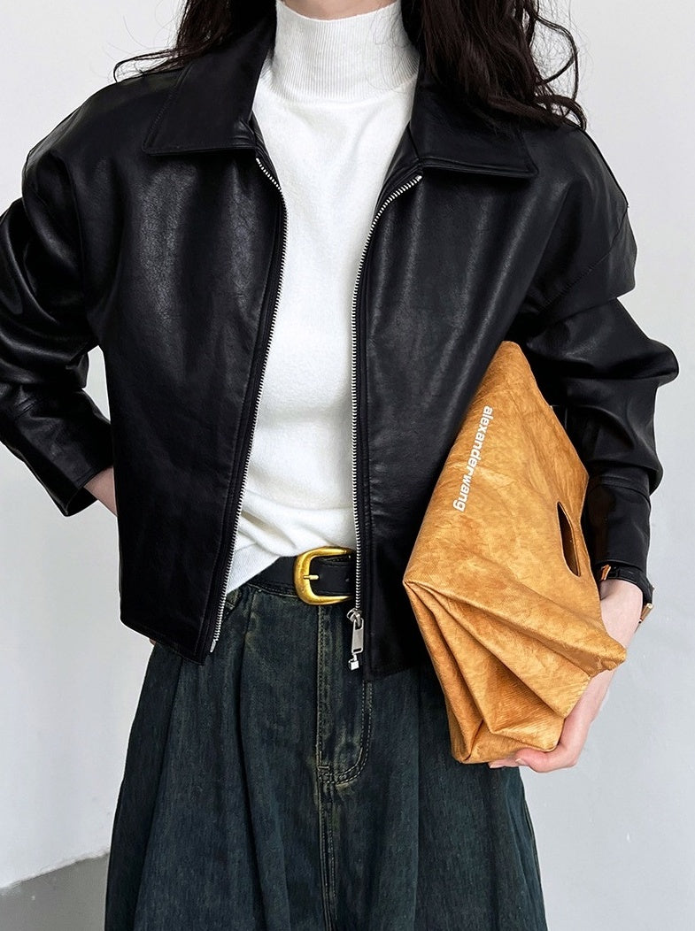 Black Classic Collared Faux Leather Jacket