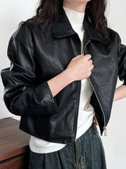 Black Classic Collared Faux Leather Jacket