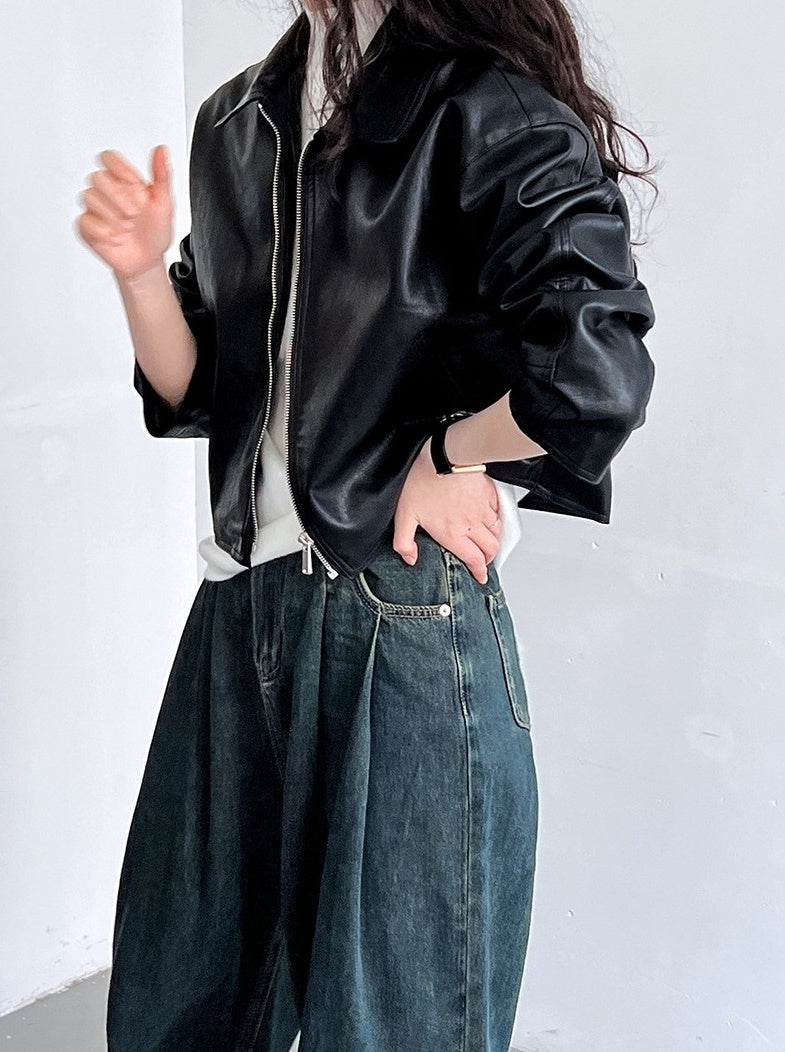 Black Classic Collared Faux Leather Jacket