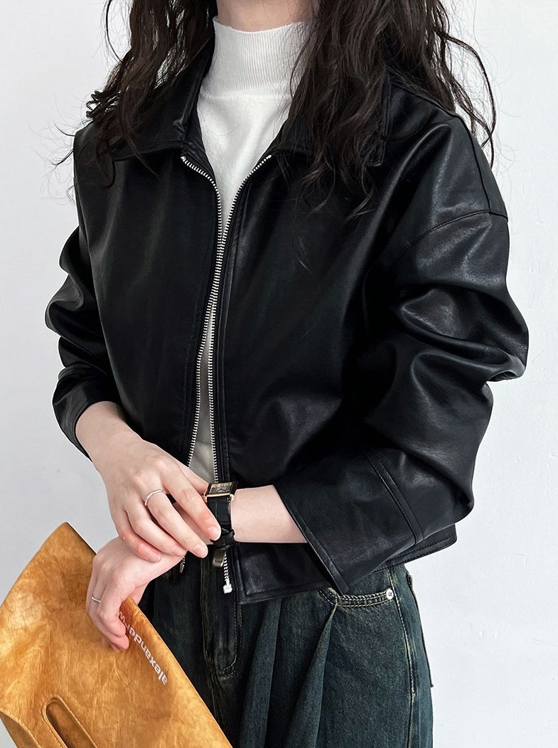 Black Classic Collared Faux Leather Jacket