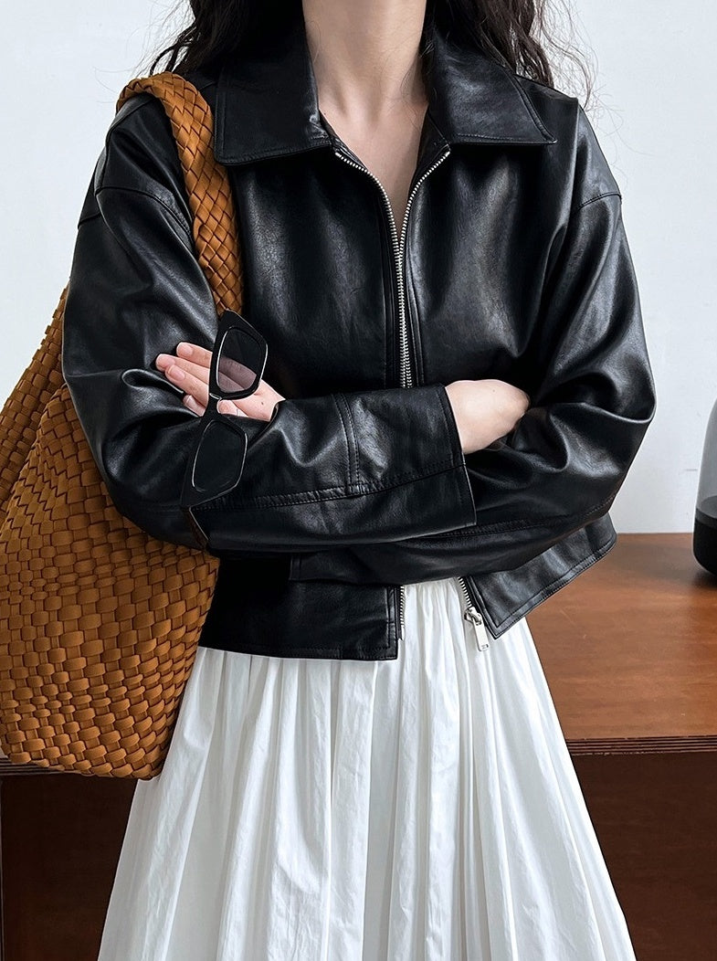 Black Classic Collared Faux Leather Jacket