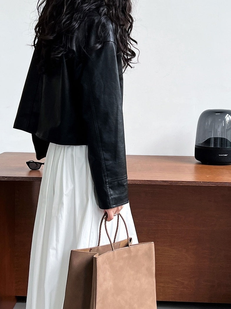 Black Classic Collared Faux Leather Jacket