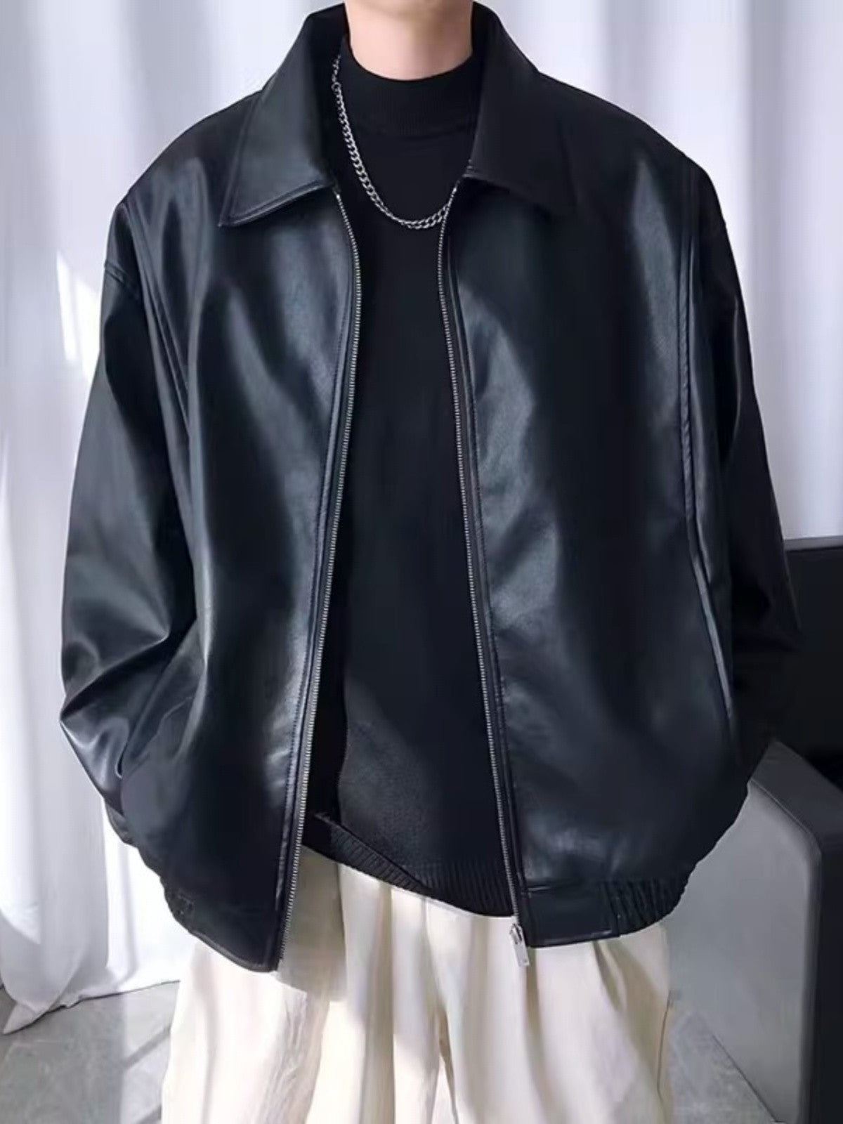Black Collared Chic Faux Leather Jacket