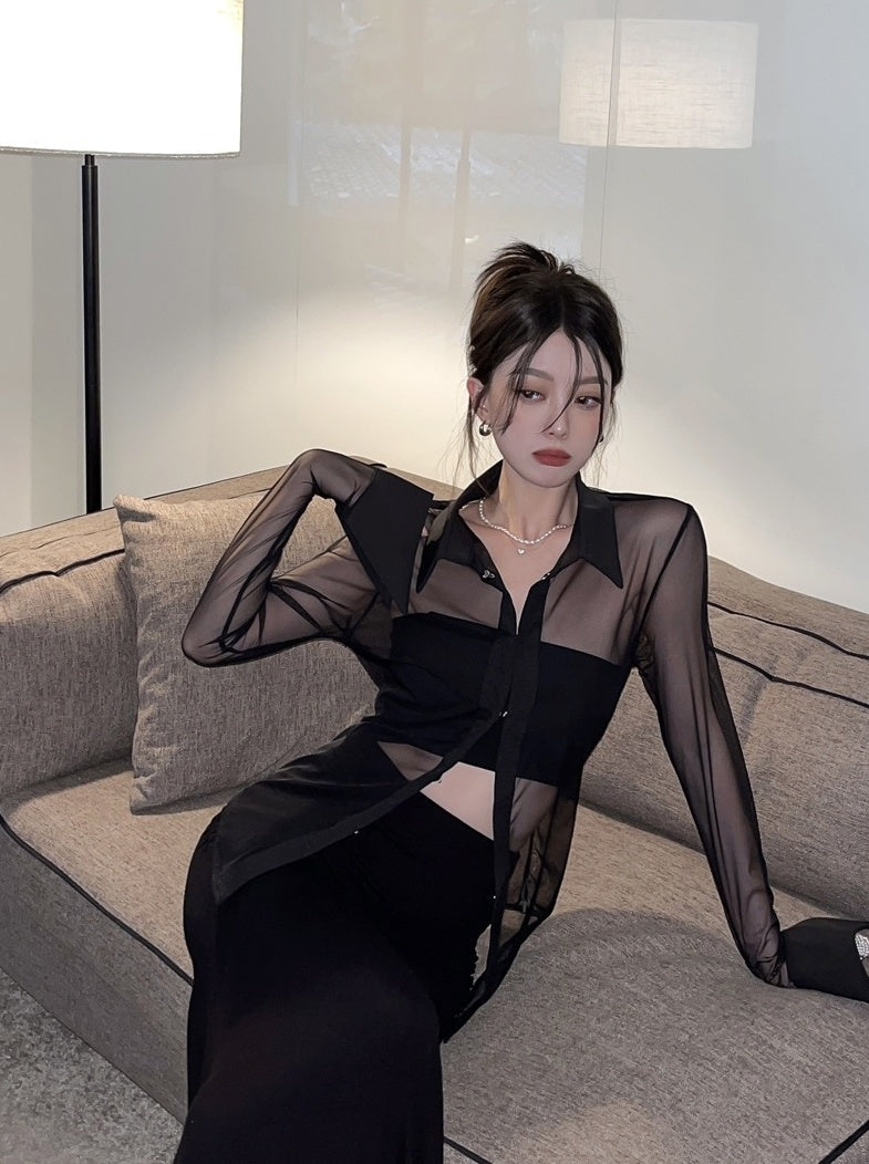 Black Collared Sheer Shirt